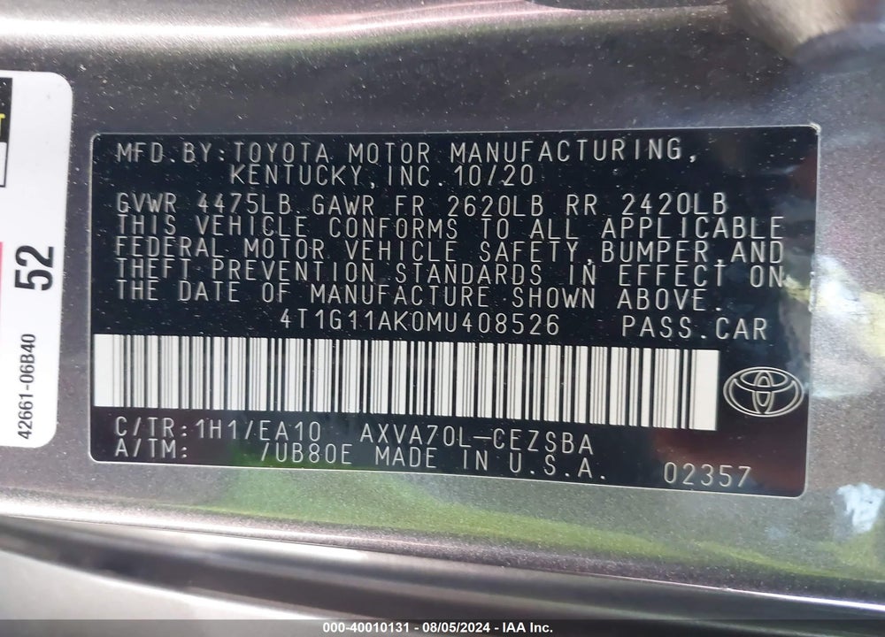 2021 TOYOTA CAMRY SE VIN: 4T1G11AK0MU408526