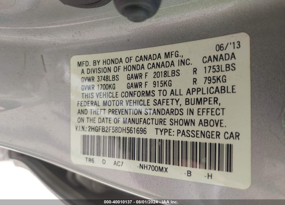 2013 HONDA CIVIC LX VIN: 2HGFB2F58DH561696