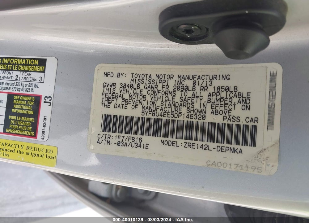2013 TOYOTA COROLLA LE VIN: 5YFBU4EE5DP146320