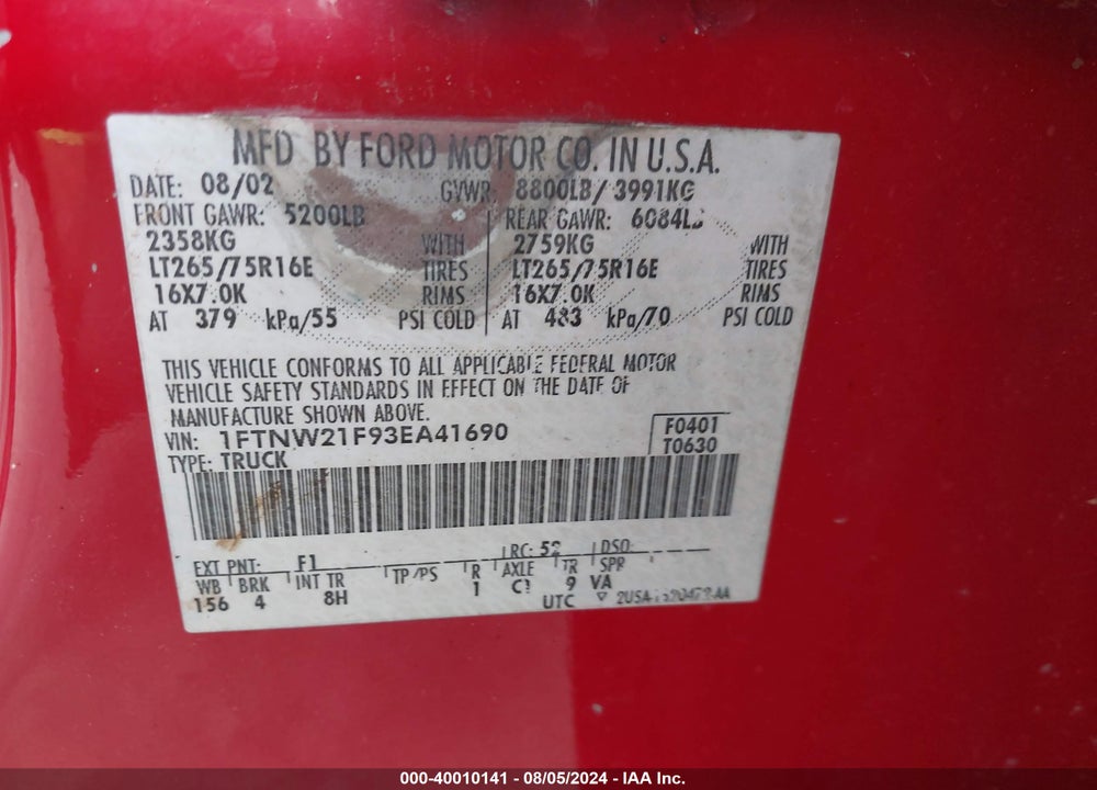2003 FORD F-250 LARIAT/XL/XLT VIN: 1FTNW21F93EA41690