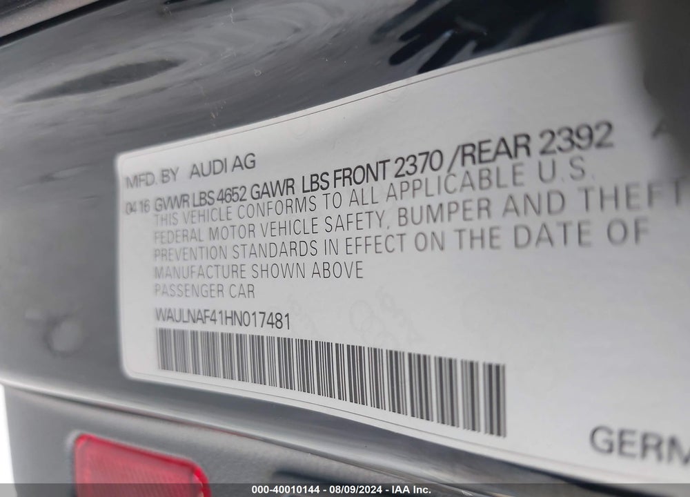2017 AUDI A4 2.0T PREMIUM VIN: WAULNAF41HN017481