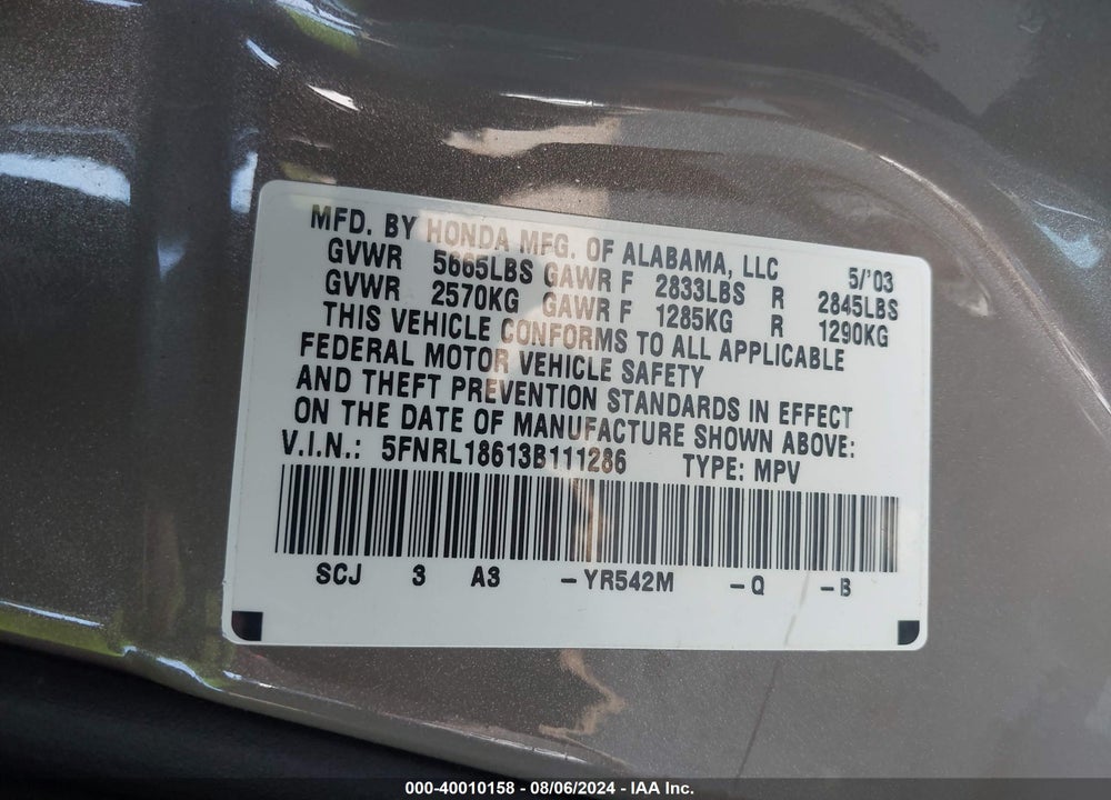 2003 HONDA ODYSSEY EX VIN: 5FNRL18613B111286
