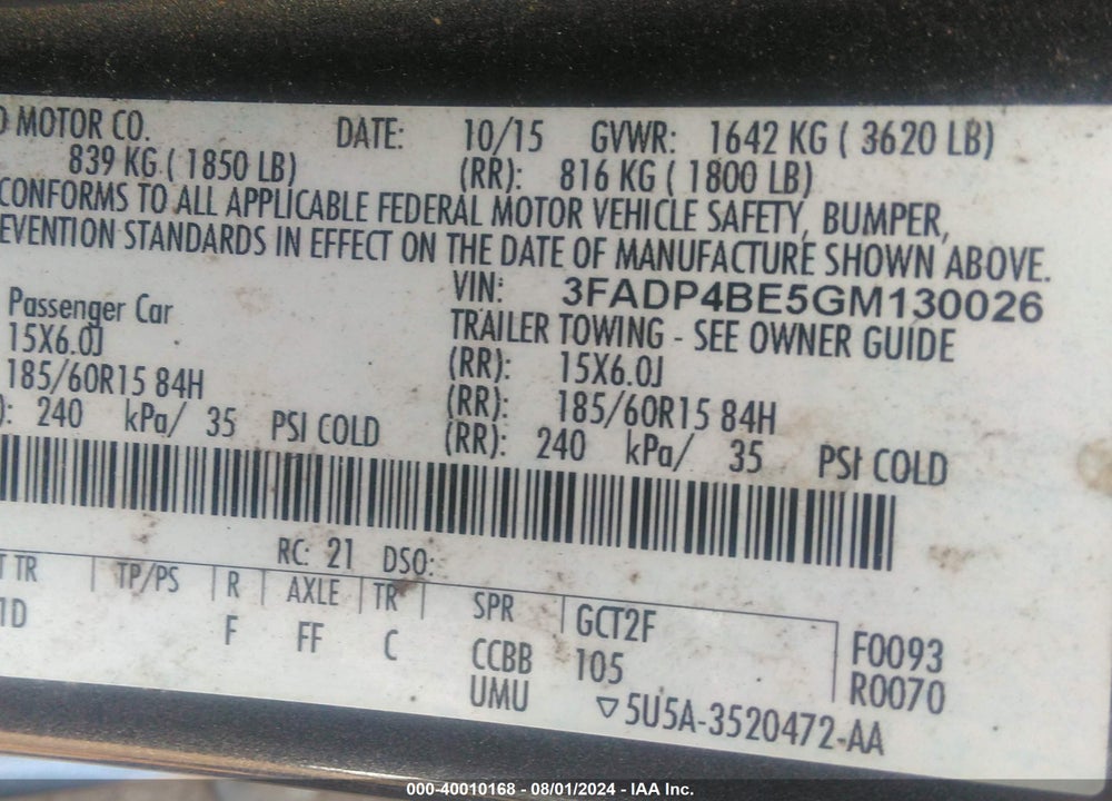 2016 FORD FIESTA SE VIN: 3FADP4BE5GM130026