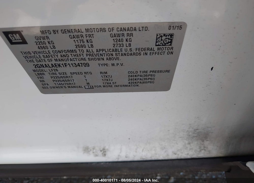 2015 CHEVROLET EQUINOX LS VIN: 2GNALAEK1F1134709