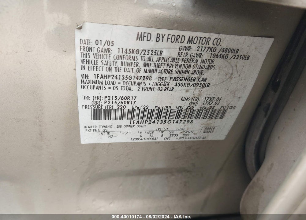 2005 FORD FIVE HUNDRED SEL VIN: 1FAHP24135G147298