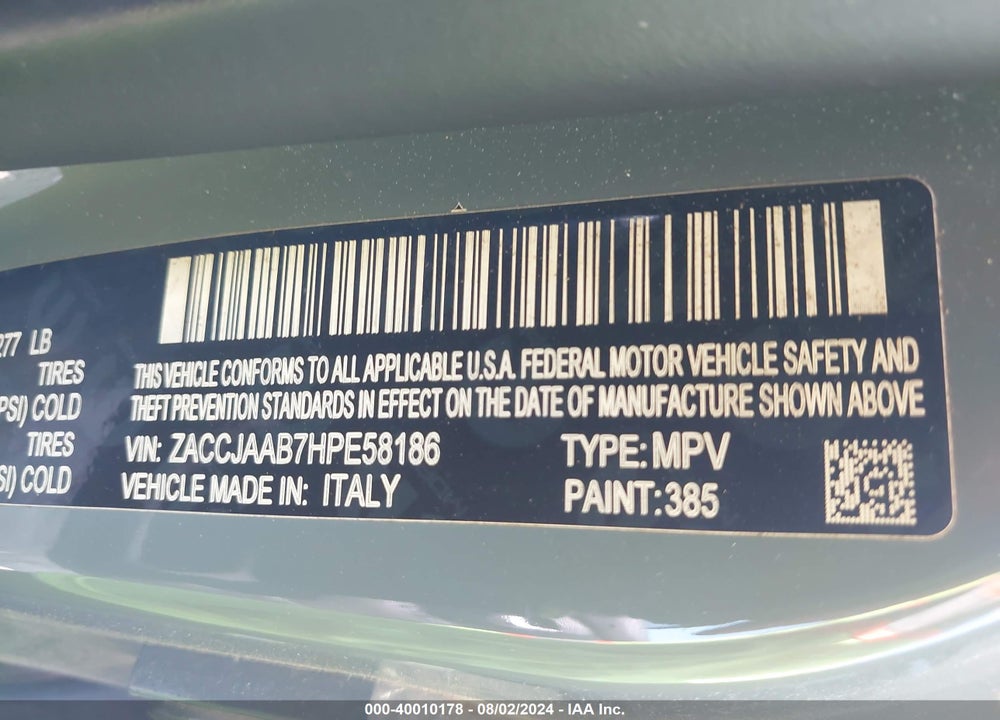 2017 JEEP RENEGADE SPORT FWD VIN: ZACCJAAB7HPE58186