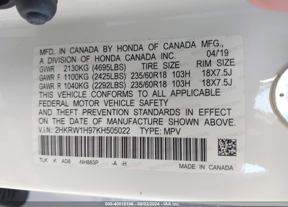 2019 HONDA CR-V TOURING VIN: 2HKRW1H97KH505022