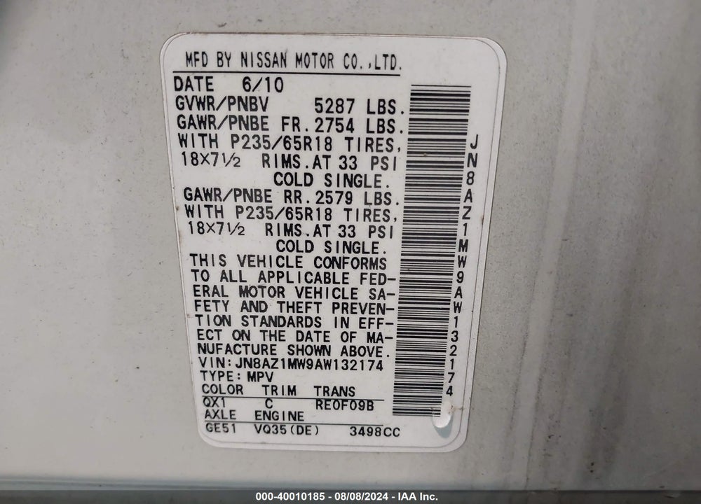 2010 NISSAN MURANO SL VIN: JN8AZ1MW9AW132174