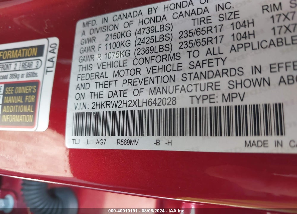 2020 HONDA CR-V AWD LX VIN: 2HKRW2H2XLH642028