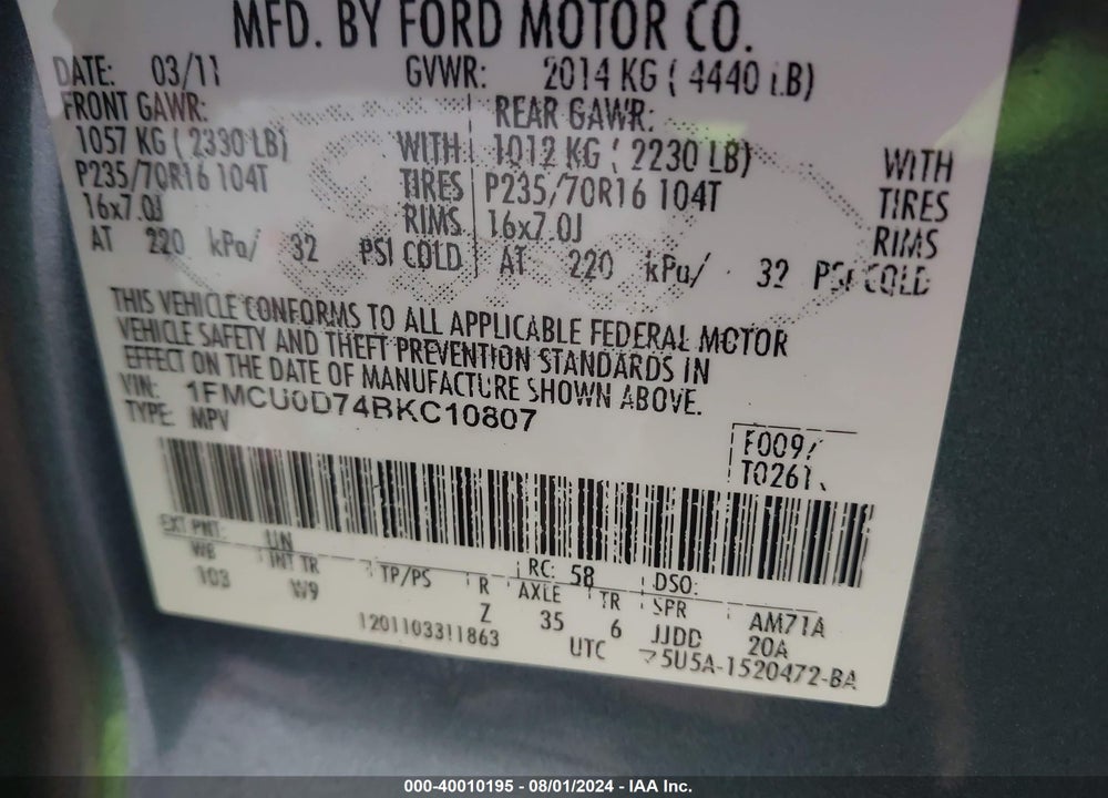2011 FORD ESCAPE XLT VIN: 1FMCU0D74BKC10807