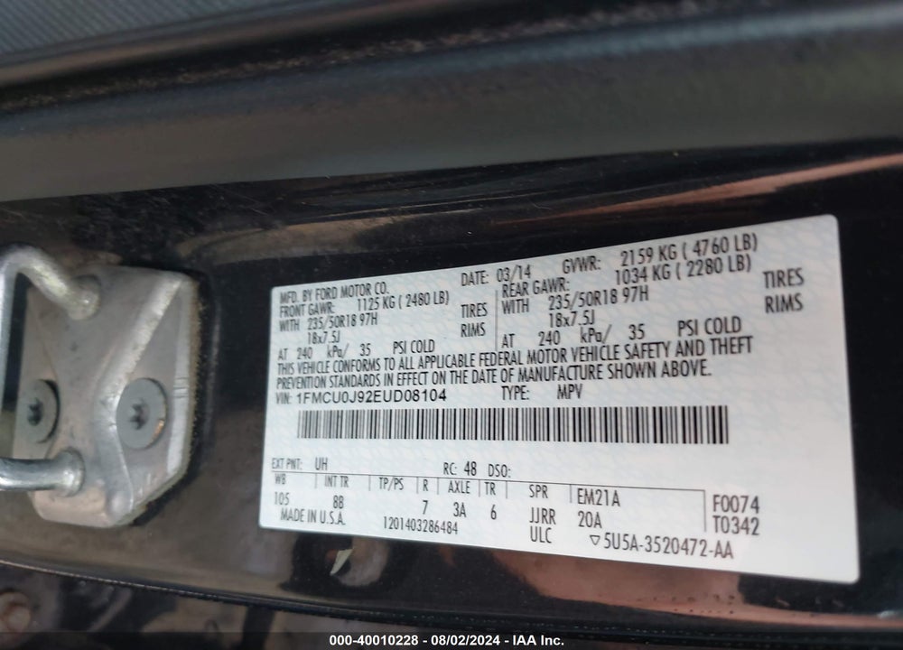 2014 FORD ESCAPE TITANIUM VIN: 1FMCU0J92EUD08104