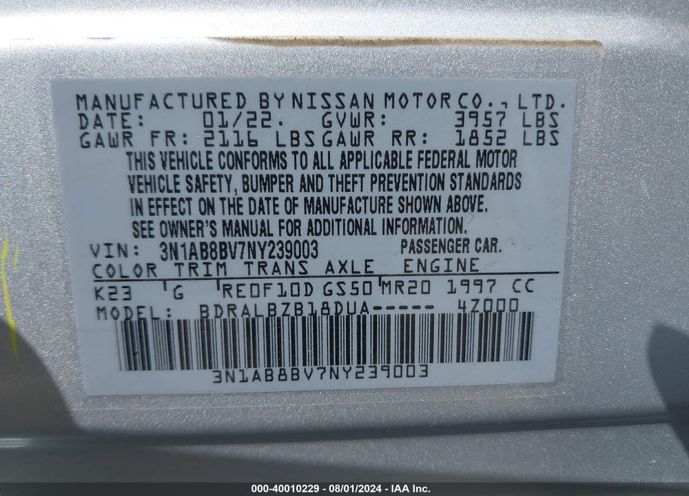 2022 NISSAN SENTRA S XTRONIC CVT VIN: 3N1AB8BV7NY239003