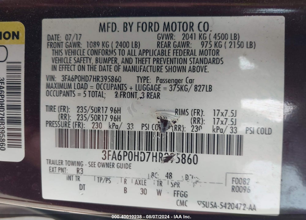 2017 FORD FUSION SE VIN: 3FA6P0HD7HR395860