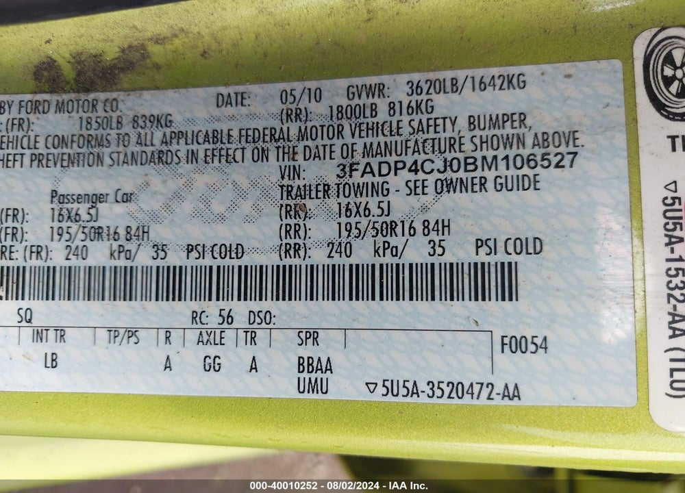 2011 FORD FIESTA VIN: 3FADP4CJ0BM106527