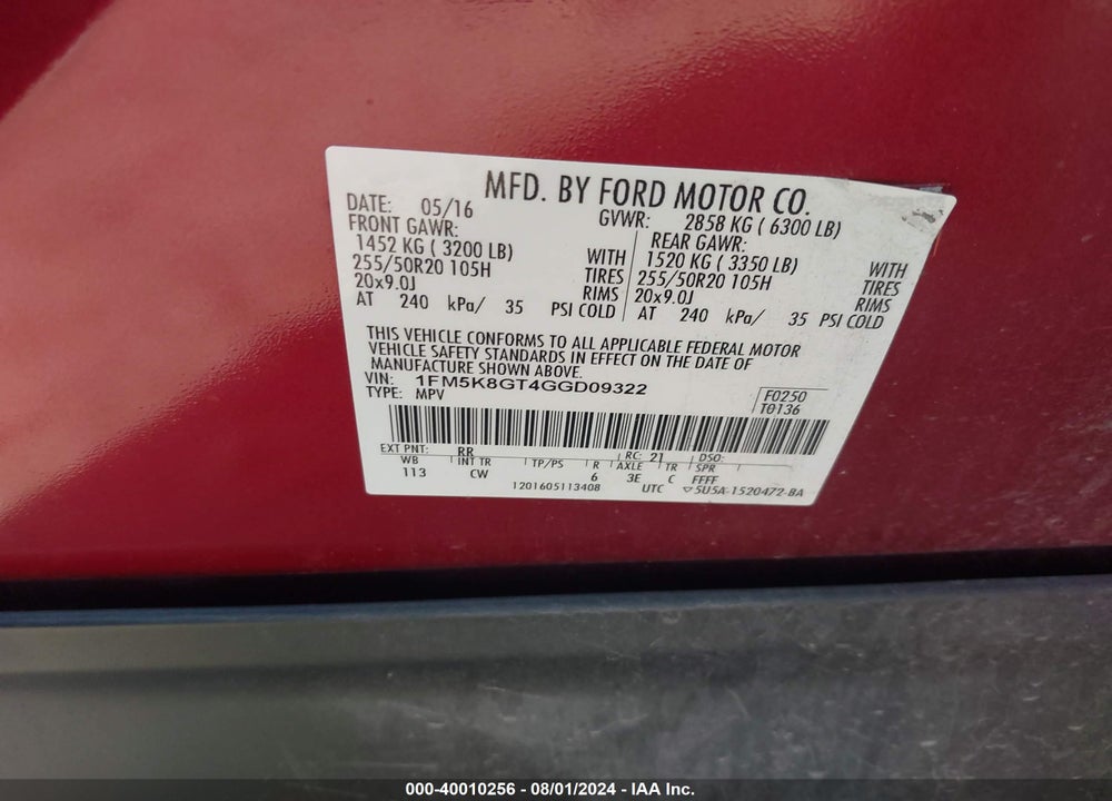 2016 FORD EXPLORER SPORT VIN: 1FM5K8GT4GGD09322