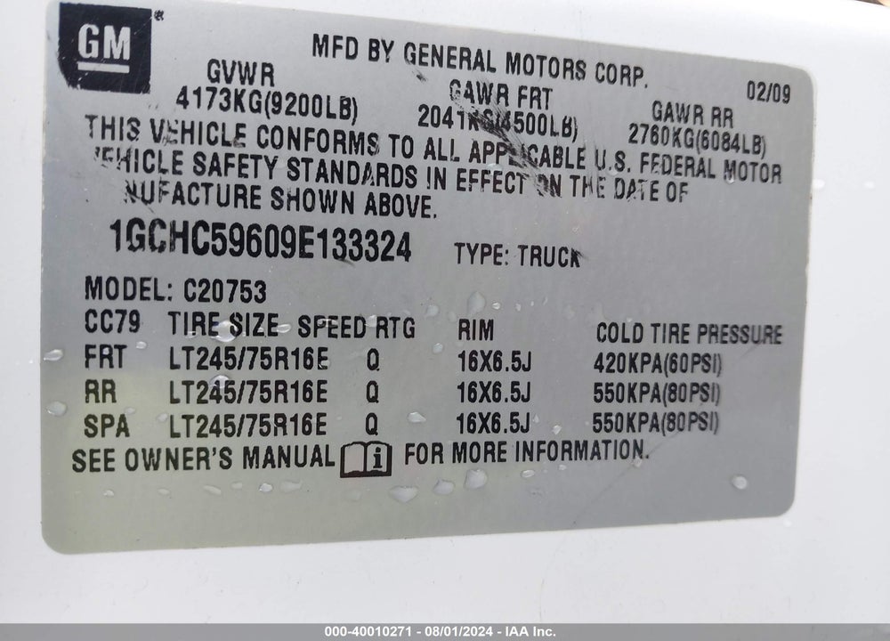 2009 CHEVROLET SILVERADO 2500HD LT VIN: 1GCHC59609E133324