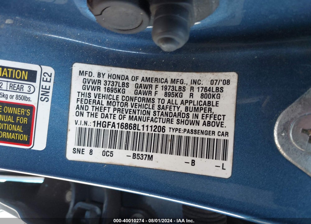 2008 HONDA CIVIC EX VIN: 1HGFA16868L111206