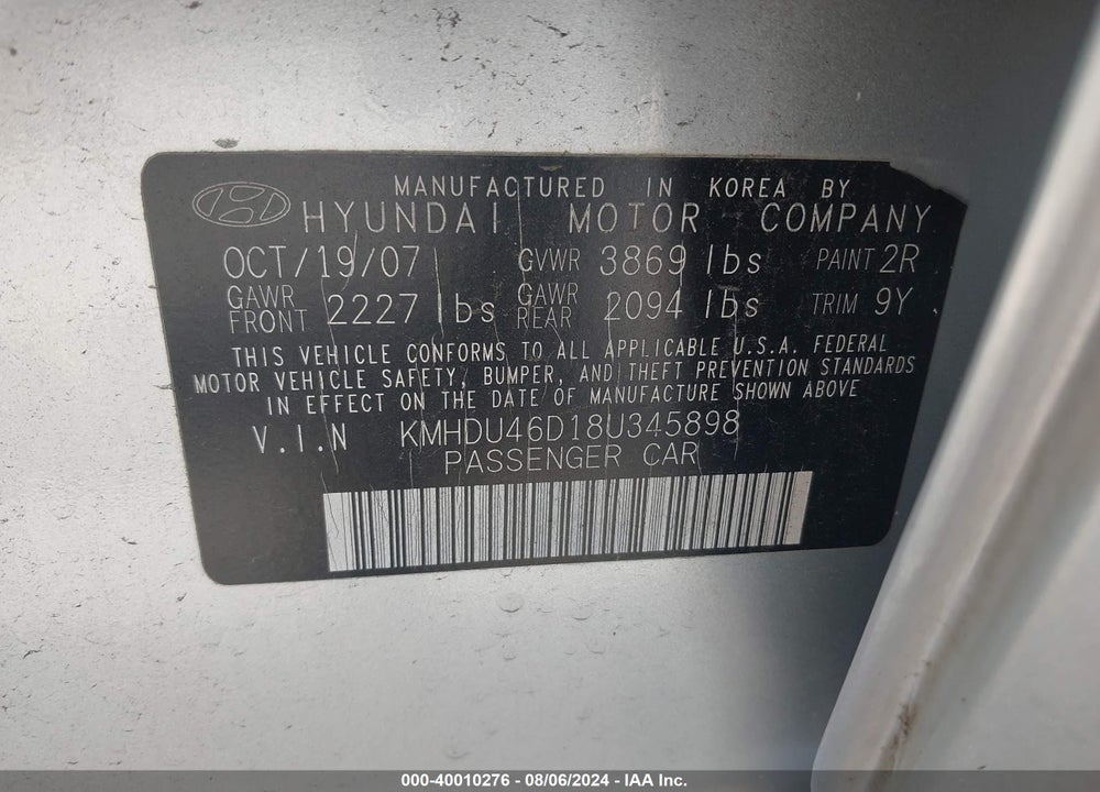 2008 HYUNDAI ELANTRA GLS/SE VIN: KMHDU46D18U345898