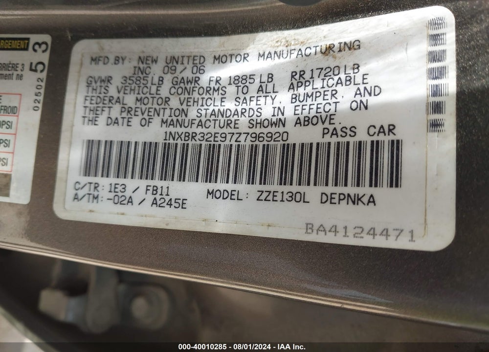 2007 TOYOTA COROLLA LE VIN: 1NXBR32E97Z796920