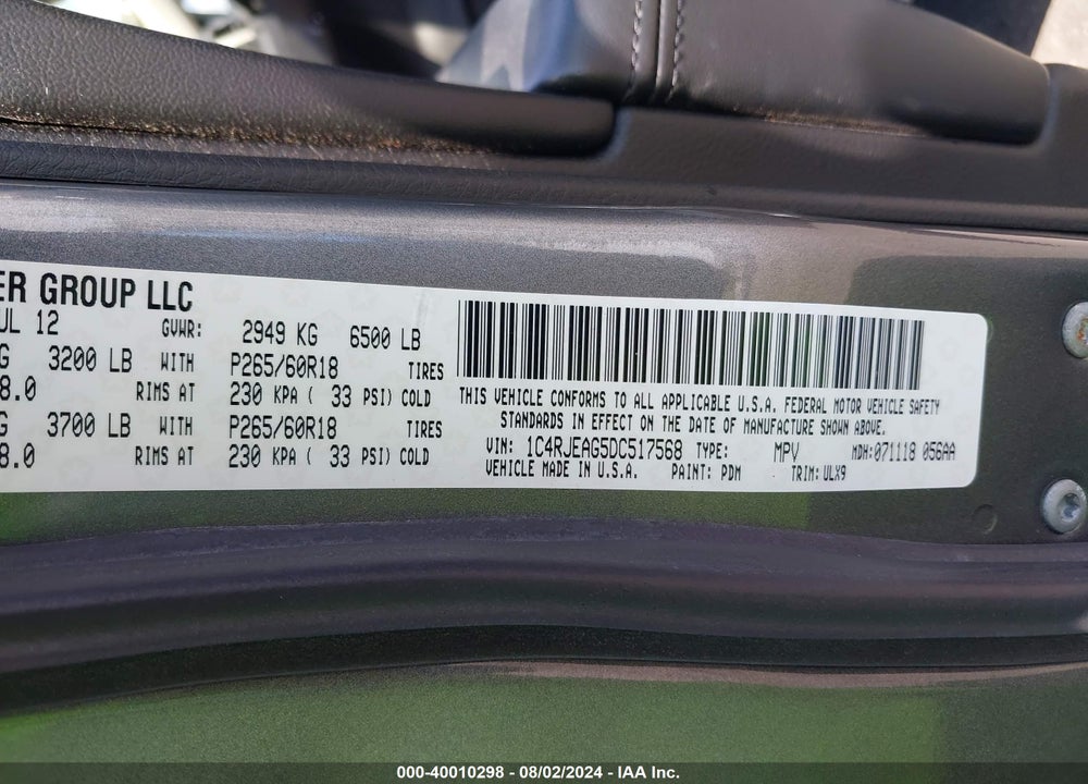 2013 JEEP GRAND CHEROKEE LAREDO VIN: 1C4RJEAG5DC517568