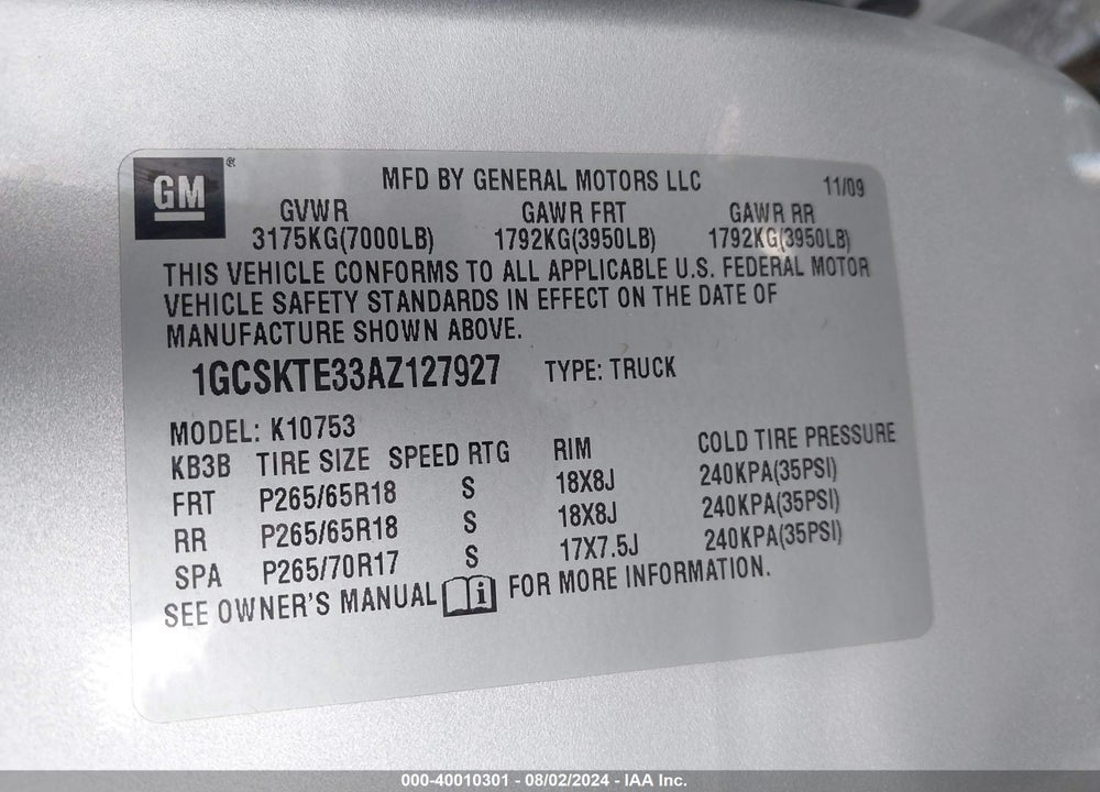 2010 CHEVROLET SILVERADO 1500 LTZ VIN: 1GCSKTE33AZ127927