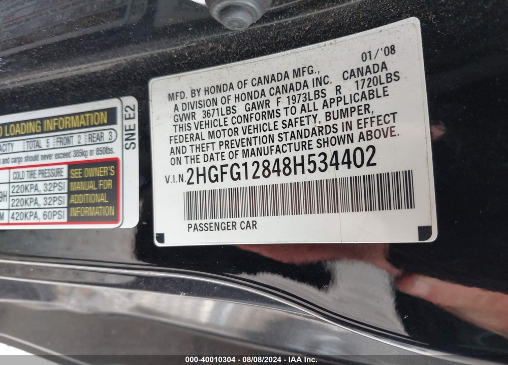 2008 HONDA CIVIC EX VIN: 2HGFG12848H534402