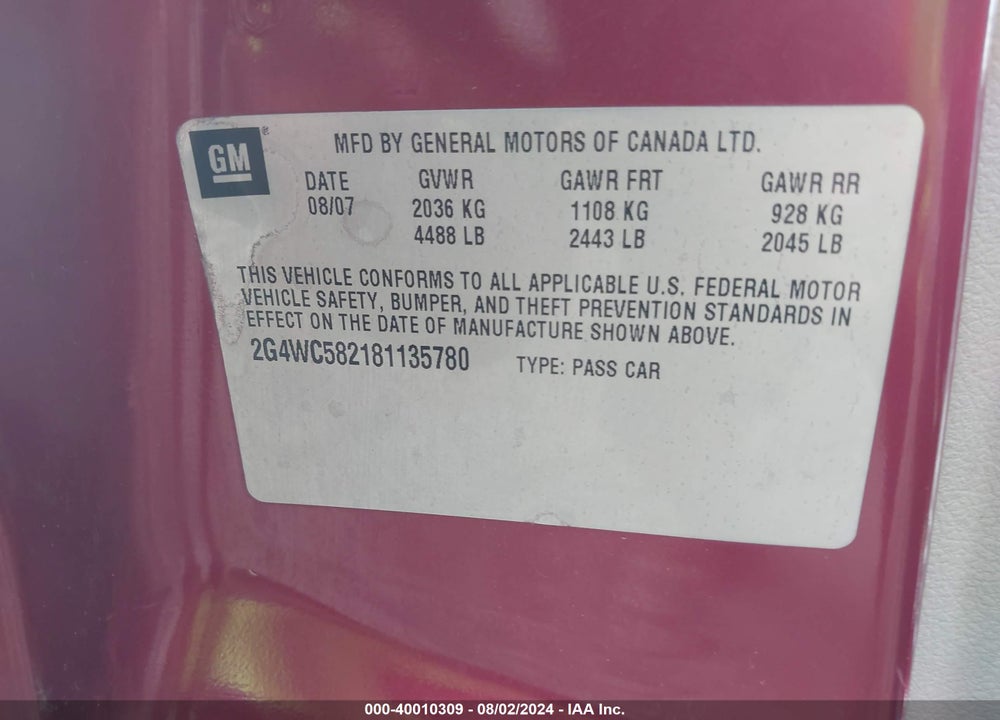 2008 BUICK LACROSSE CX VIN: 2G4WC582181135780