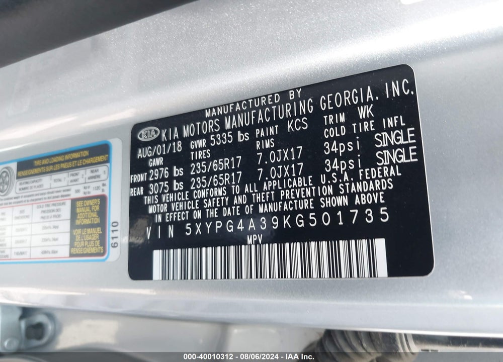 2019 KIA SORENTO 2.4L LX VIN: 5XYPG4A39KG501735