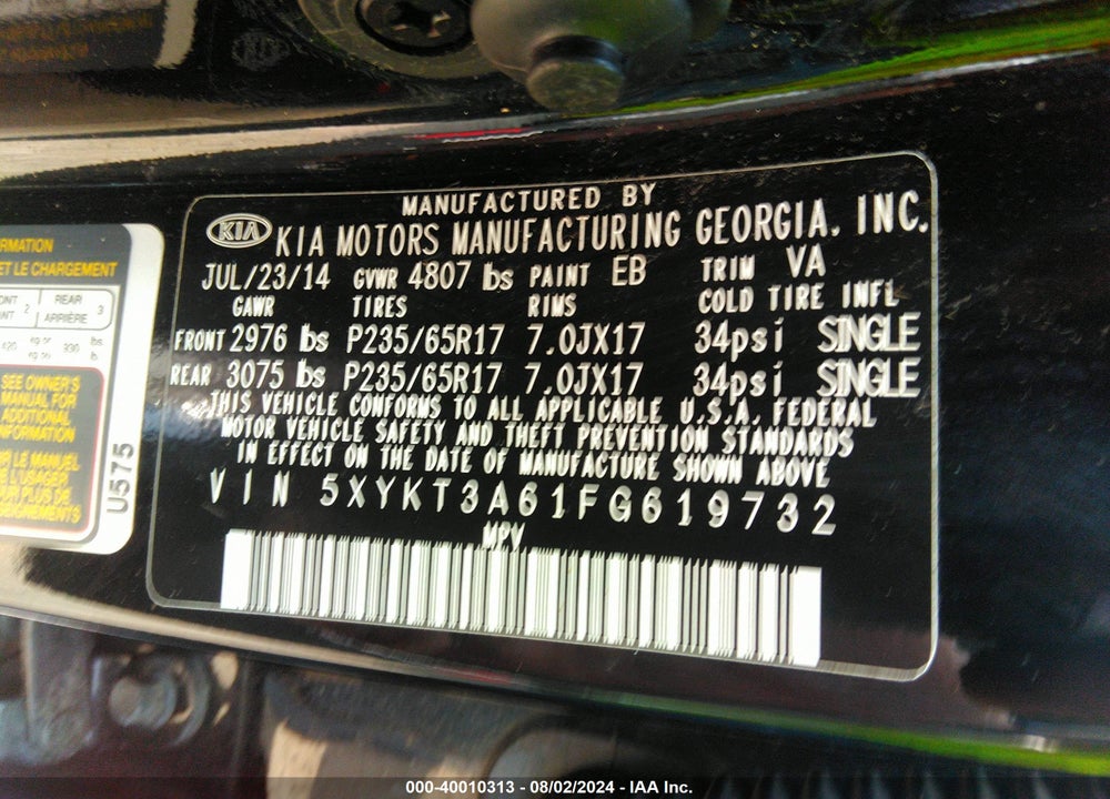 2015 KIA SORENTO LX VIN: 5XYKT3A61FG619732