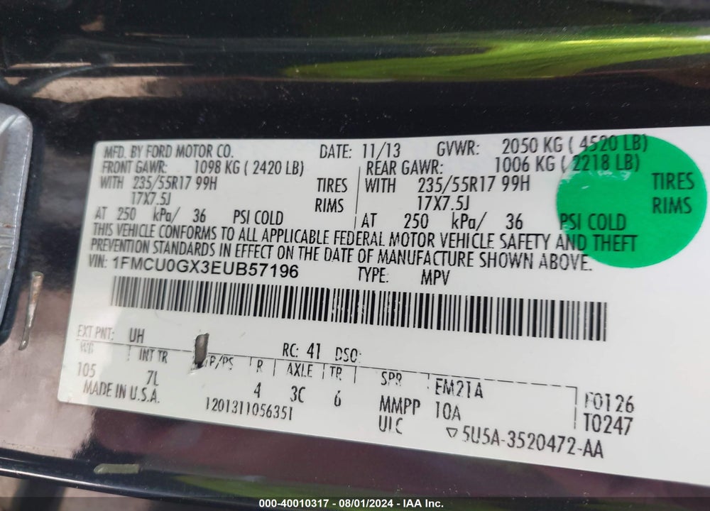 2014 FORD ESCAPE SE VIN: 1FMCU0GX3EUB57196