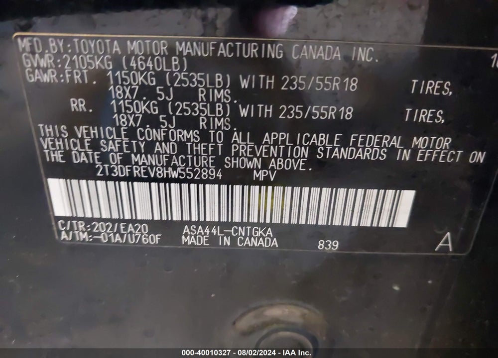 2017 TOYOTA RAV4 LIMITED VIN: 2T3DFREV8HW552894
