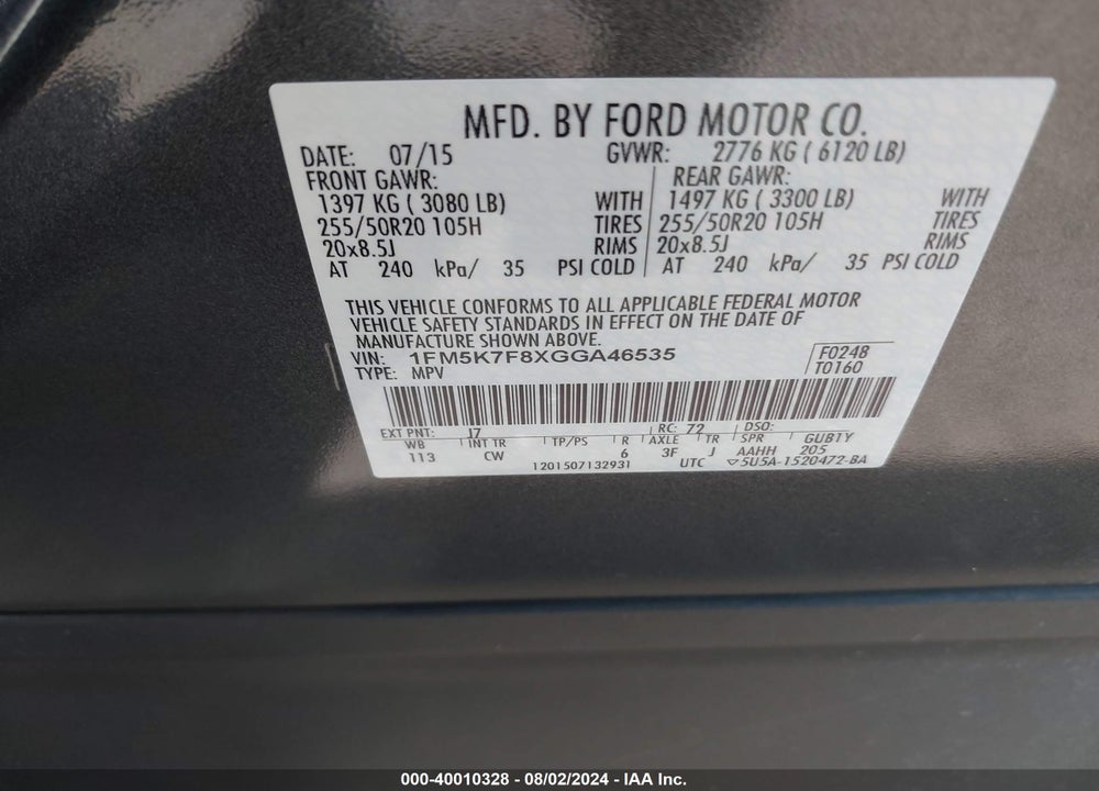 2016 FORD EXPLORER LIMITED VIN: 1FM5K7F8XGGA46535