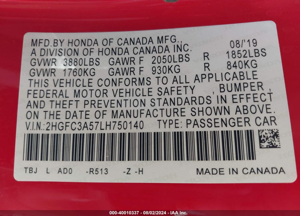 2020 HONDA CIVIC SI COUPE VIN: 2HGFC3A57LH750140