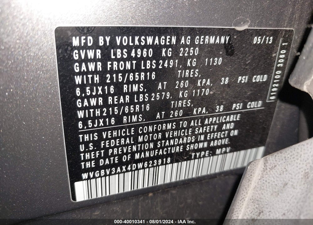 2013 VOLKSWAGEN TIGUAN S VIN: WVGBV3AX4DW623918