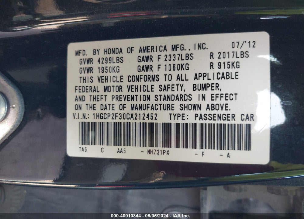 2012 HONDA ACCORD 2.4 LX VIN: 1HGCP2F30CA212452