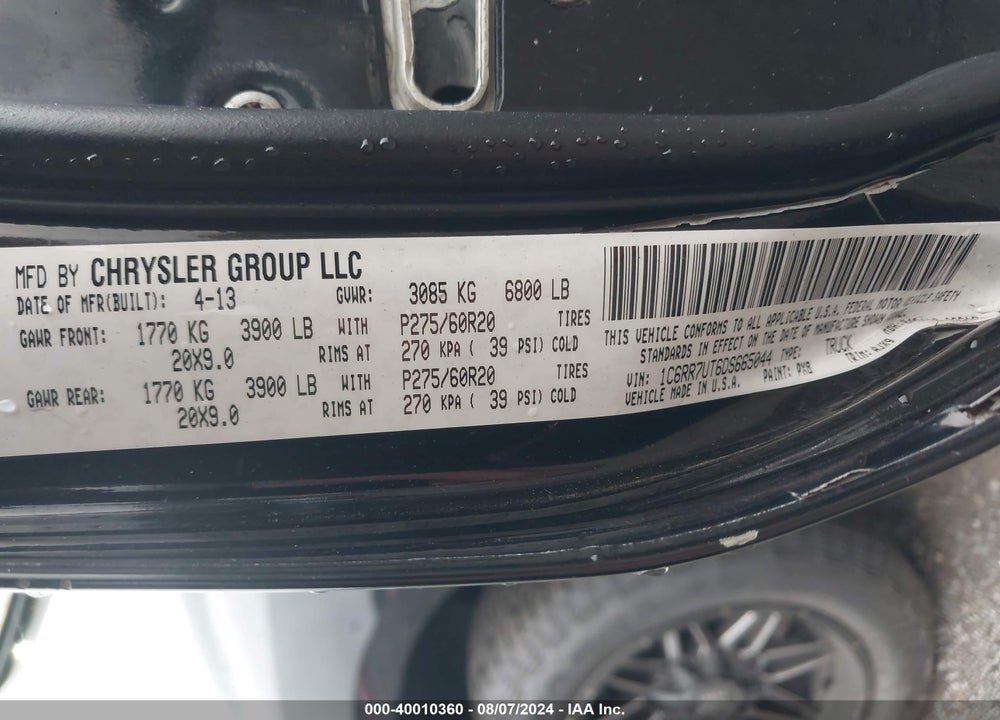 2013 RAM 1500 VIN: 1C6RR7UT6DS665044