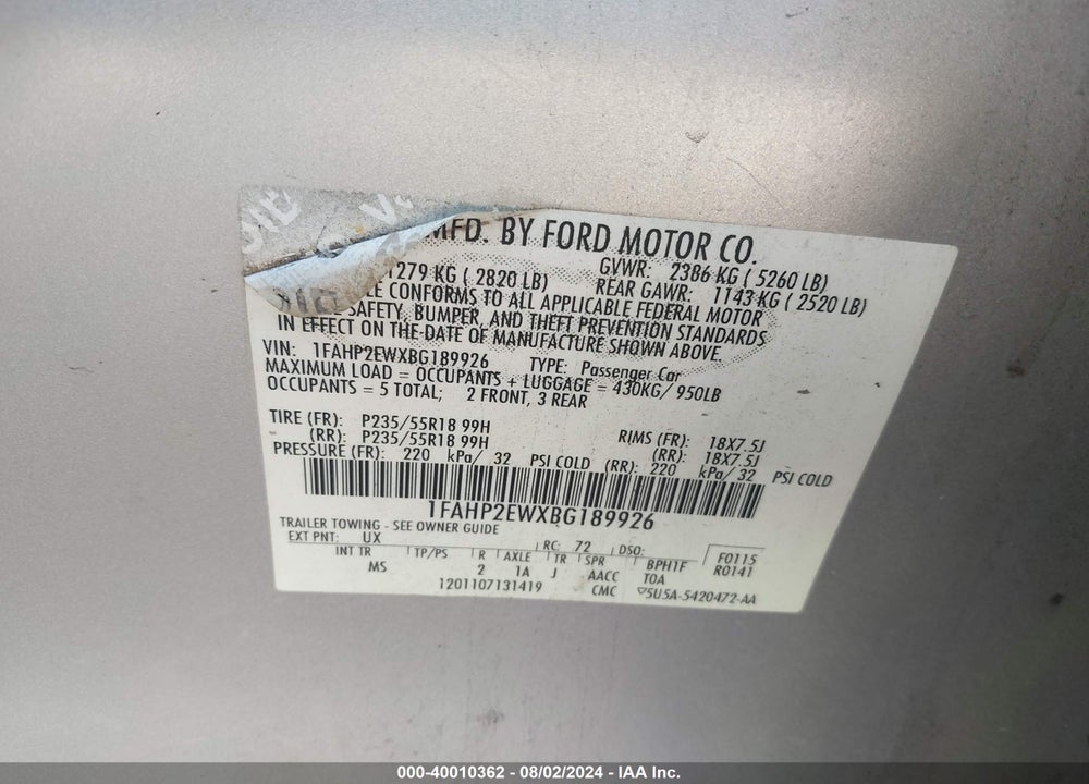2011 FORD TAURUS SEL VIN: 1FAHP2EWXBG189926