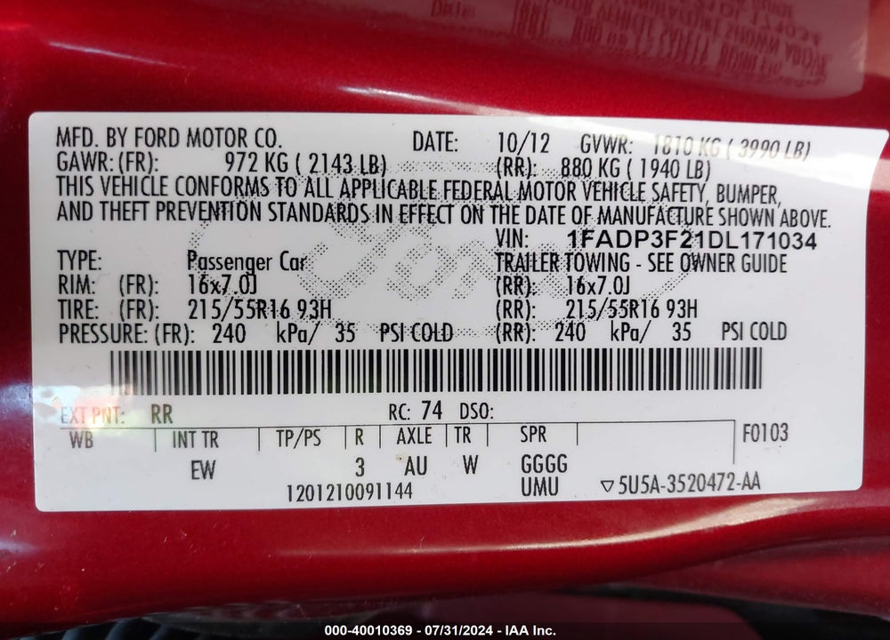 2013 FORD FOCUS SE VIN: 1FADP3F21DL171034