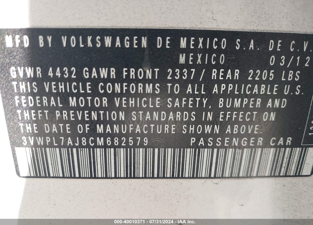 2012 VOLKSWAGEN JETTA SPORTWAGEN 2.0L TDI VIN: 3VWPL7AJ8CM682579