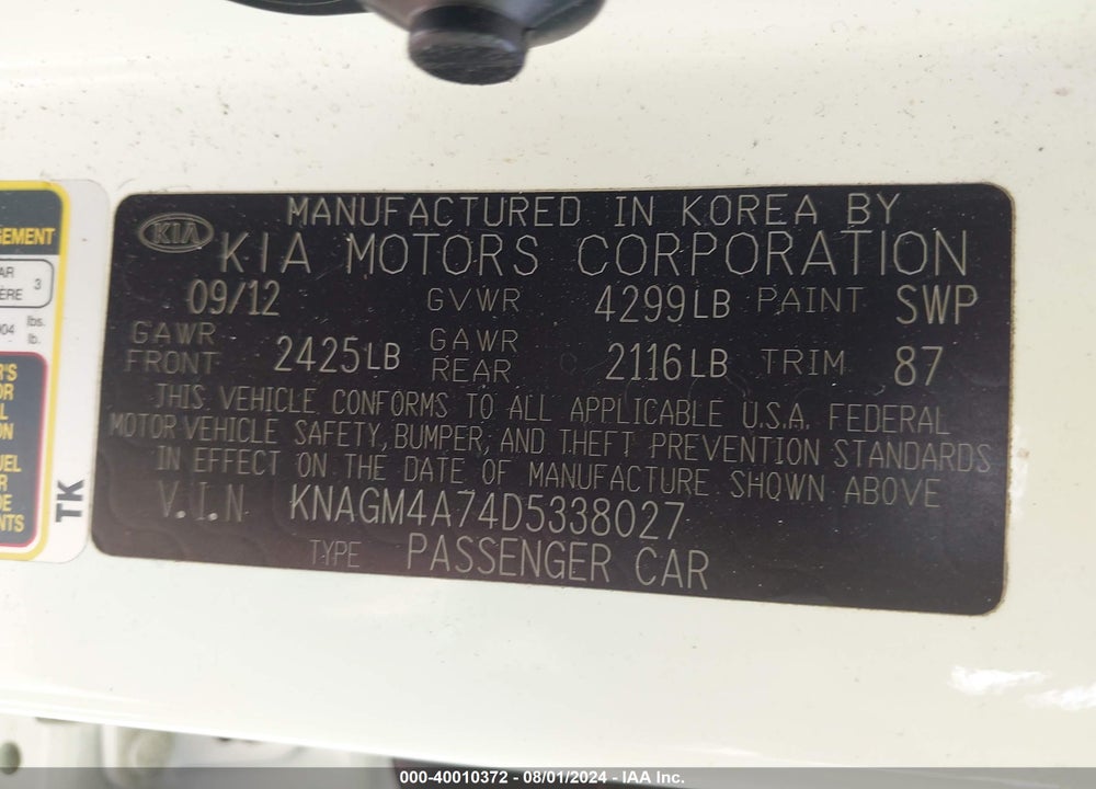 2013 KIA OPTIMA LX VIN: KNAGM4A74D5338027