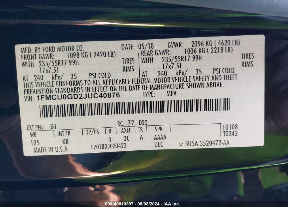 2018 FORD ESCAPE SE VIN: 1FMCU0GD2JUC40876