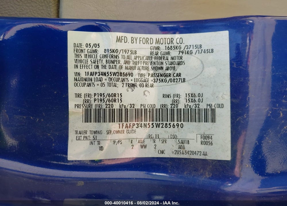 2005 FORD FOCUS VIN: 1FAFP34N55W285690