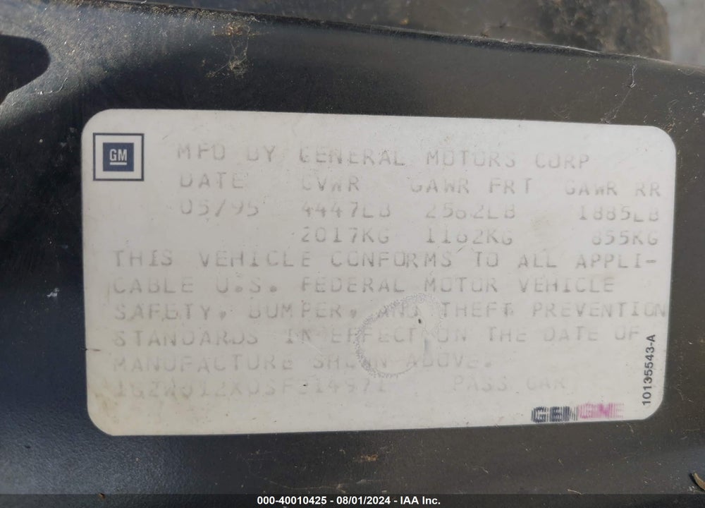1995 PONTIAC GRAND PRIX GTP VIN: 1G2WJ12X0SF314971