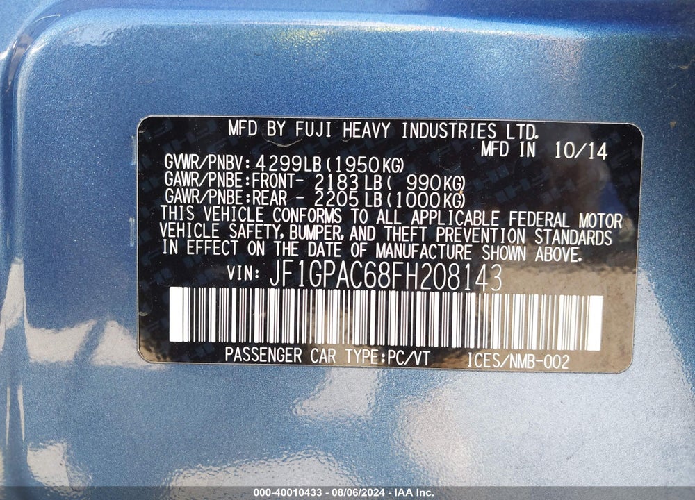 2015 SUBARU IMPREZA 2.0I PREMIUM VIN: JF1GPAC68FH208143