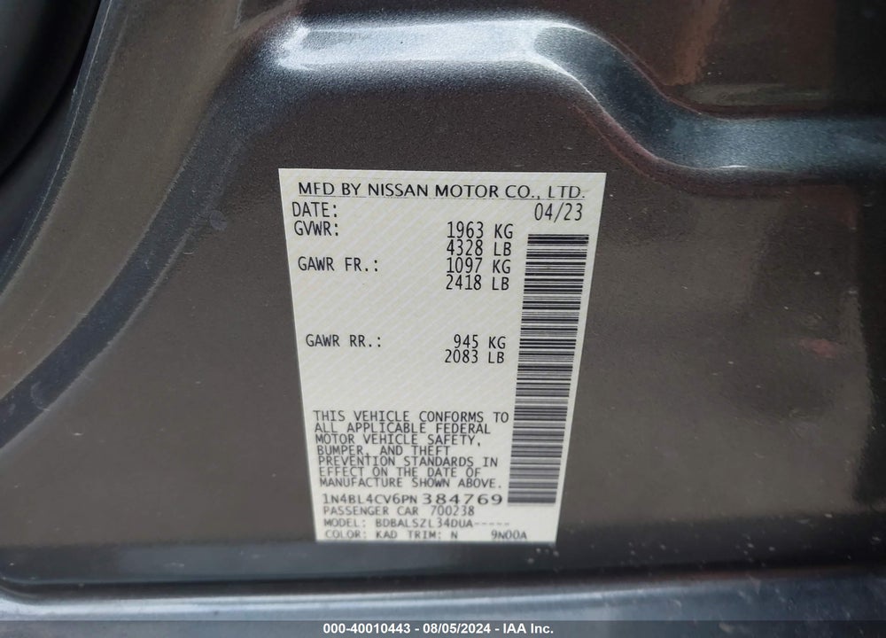 2023 NISSAN ALTIMA SR FWD VIN: 1N4BL4CV6PN384769
