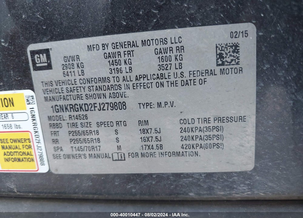 2015 CHEVROLET TRAVERSE 1LT VIN: 1GNKRGKD2FJ279808