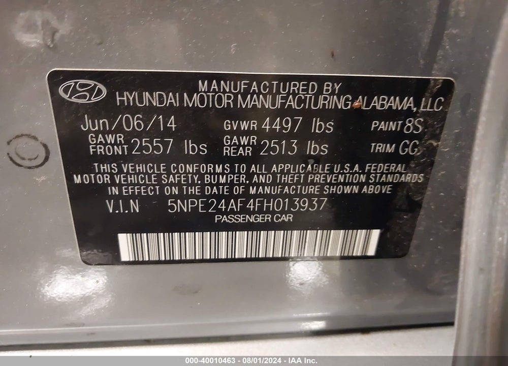 2015 HYUNDAI SONATA SE VIN: 5NPE24AF4FH013937