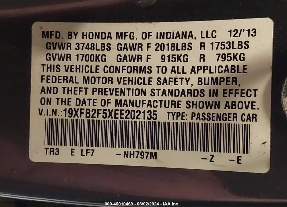 2014 HONDA CIVIC LX VIN: 19XFB2F5XEE202135