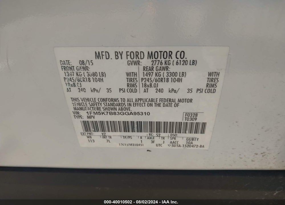 2016 FORD EXPLORER VIN: 1FM5K7B83GGA95310