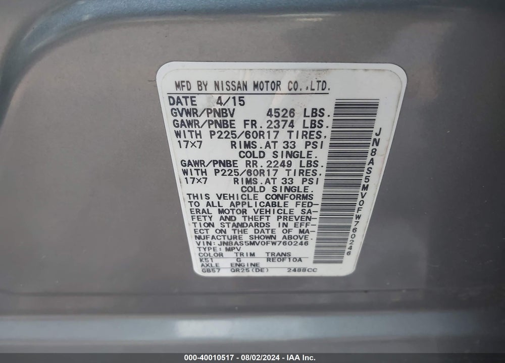 2015 NISSAN ROGUE SELECT VIN: JN8AS5MV0FW760246